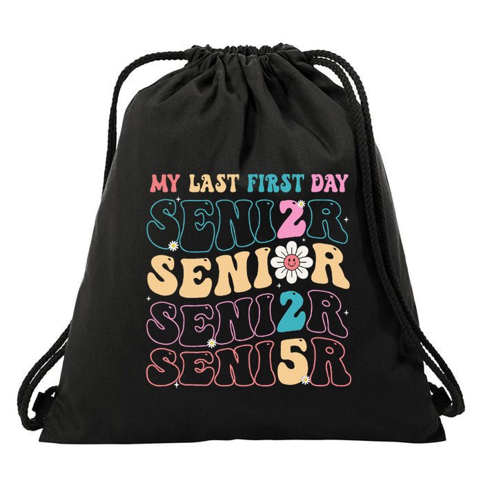 My Last First Day Senior 2025 Back To School Class Groovy Drawstring Bag