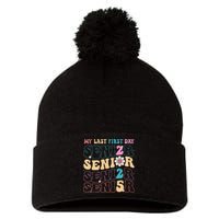 My Last First Day Senior 2025 Back To School Class Groovy Pom Pom 12in Knit Beanie