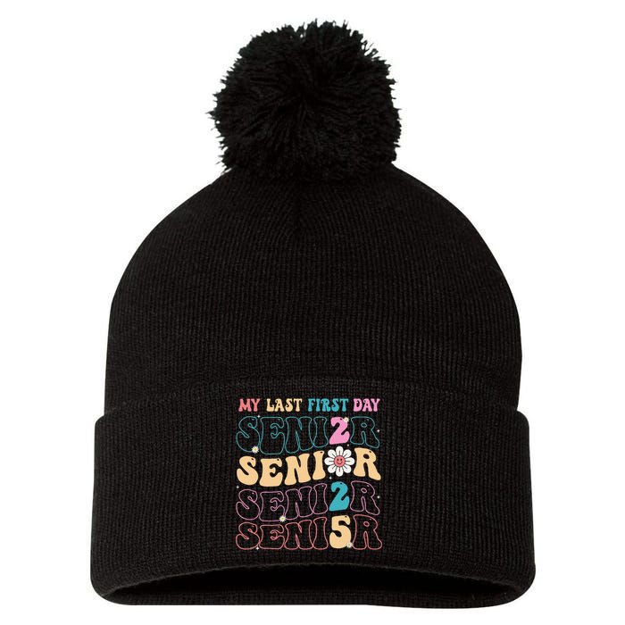 My Last First Day Senior 2025 Back To School Class Groovy Pom Pom 12in Knit Beanie