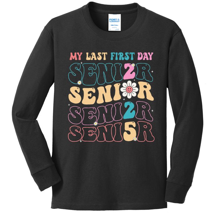 My Last First Day Senior 2025 Back To School Class Groovy Kids Long Sleeve Shirt