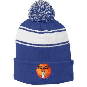 Mars Landing Feb 18 2021 Funny Cat Astronaut Graphic Space Funny Gift Stripe Pom Pom Beanie