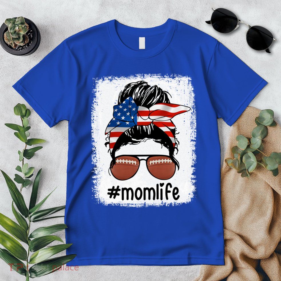 Mom Life Football Mom American Flag Messy Bun Gift Premium T-Shirt