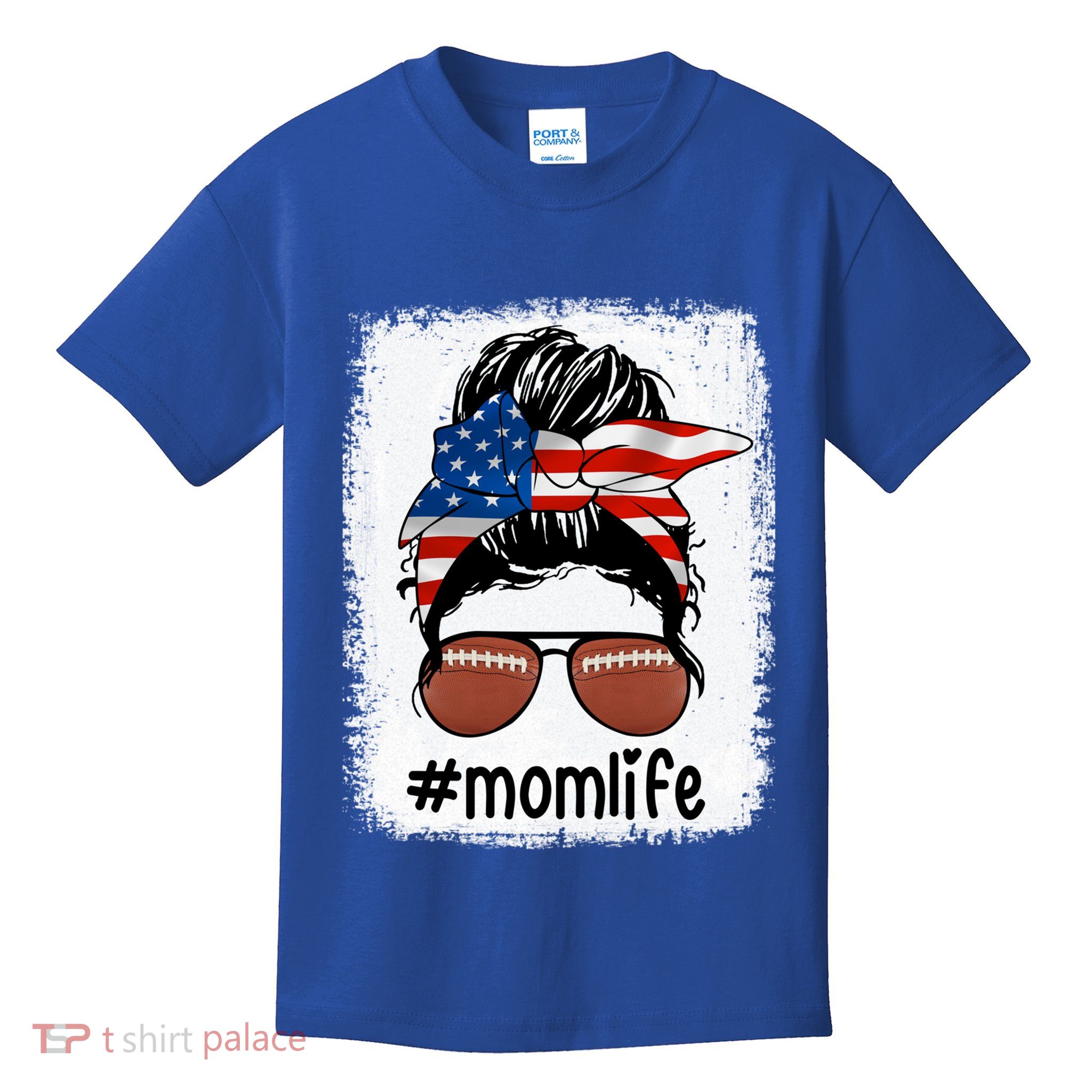 Mom Life Football Mom American Flag Messy Bun Gift Kids T-Shirt