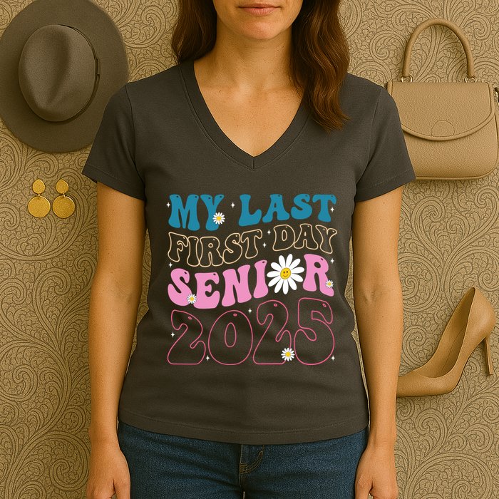 My Last First Day Senior 2025 Daisy Back To School Women's V-Neck T-Shirt