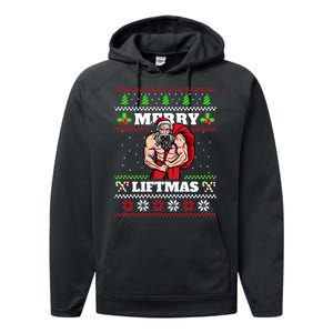 Merry Liftmas Funny Lifting Weights Jacked Santa Claus Ugly Christmas Performance Fleece Hoodie