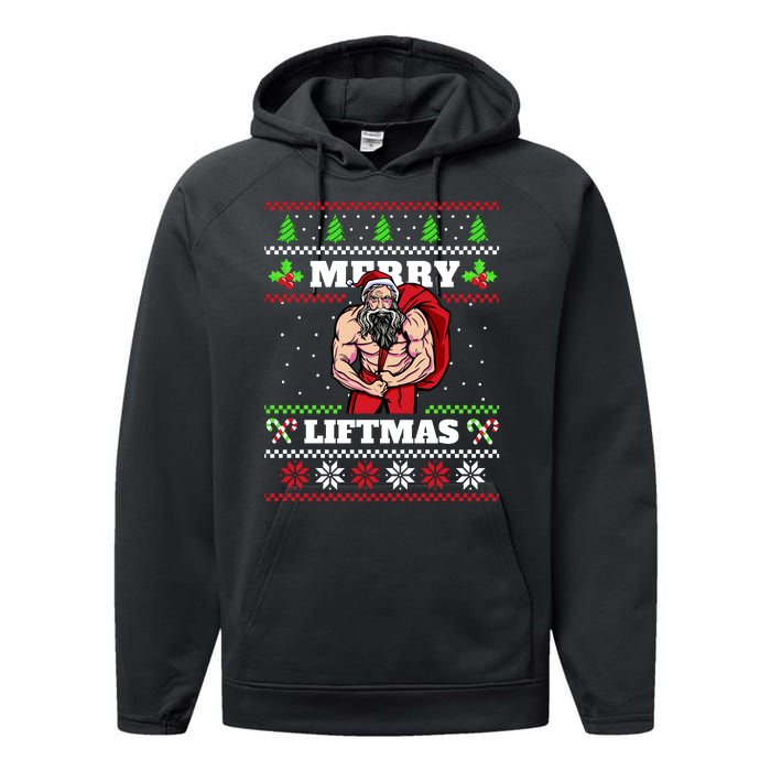 Merry Liftmas Funny Lifting Weights Jacked Santa Claus Ugly Christmas Performance Fleece Hoodie