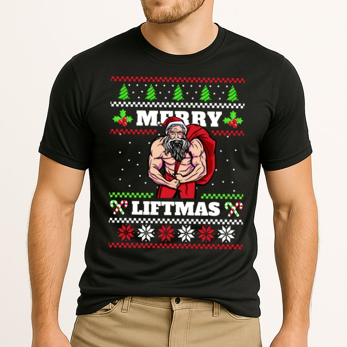 Merry Liftmas Funny Lifting Weights Jacked Santa Claus Ugly Christmas Cooling Performance Crew T-Shirt