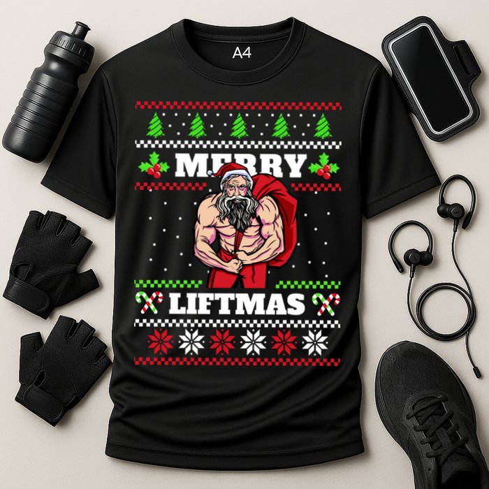Merry Liftmas Funny Lifting Weights Jacked Santa Claus Ugly Christmas Cooling Performance Crew T-Shirt