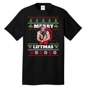 Merry Liftmas Funny Lifting Weights Jacked Santa Claus Ugly Christmas Tall T-Shirt