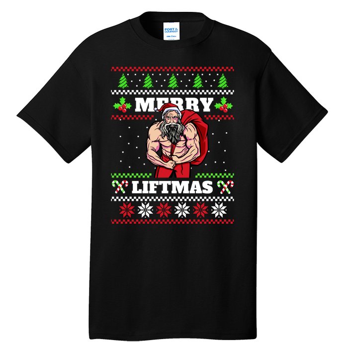 Merry Liftmas Funny Lifting Weights Jacked Santa Claus Ugly Christmas Tall T-Shirt