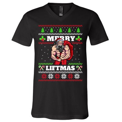 Merry Liftmas Funny Lifting Weights Jacked Santa Claus Ugly Christmas V-Neck T-Shirt