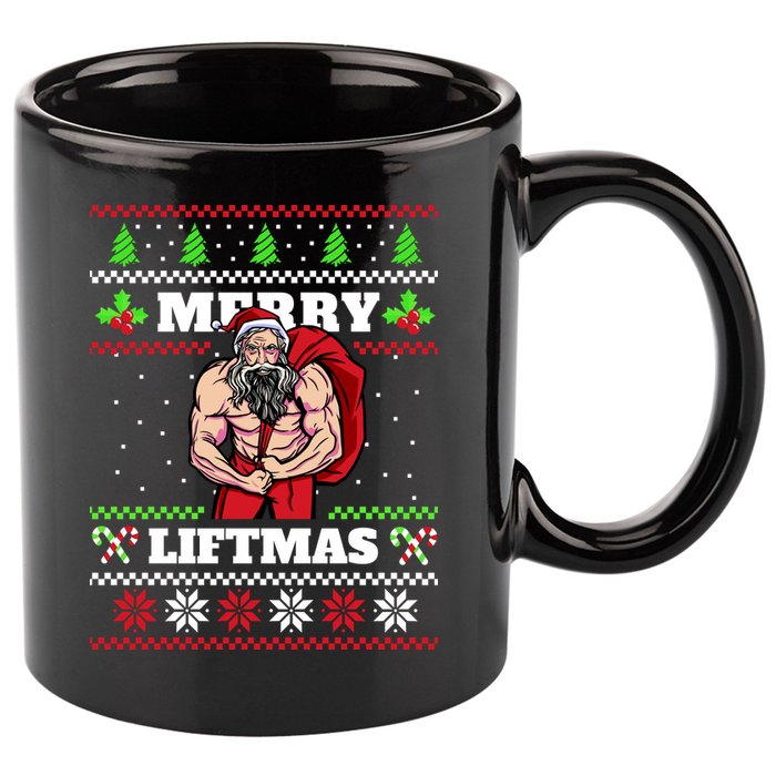 Merry Liftmas Funny Lifting Weights Jacked Santa Claus Ugly Christmas 11oz C Handle Ceramic Mug