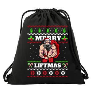 Merry Liftmas Funny Lifting Weights Jacked Santa Claus Ugly Christmas Drawstring Bag