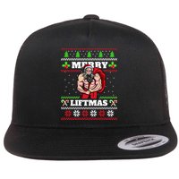 Merry Liftmas Funny Lifting Weights Jacked Santa Claus Ugly Christmas Flat Bill Trucker Hat