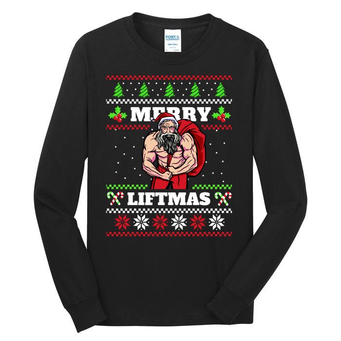 Merry Liftmas Funny Lifting Weights Jacked Santa Claus Ugly Christmas Tall Long Sleeve T-Shirt