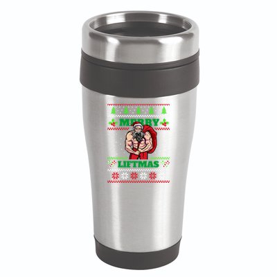 Merry Liftmas Funny Lifting Weights Jacked Santa Claus Ugly Christmas 16oz Travel Tumbler