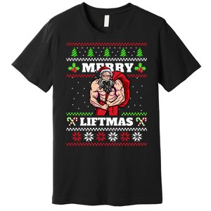 Merry Liftmas Funny Lifting Weights Jacked Santa Claus Ugly Christmas Premium T-Shirt