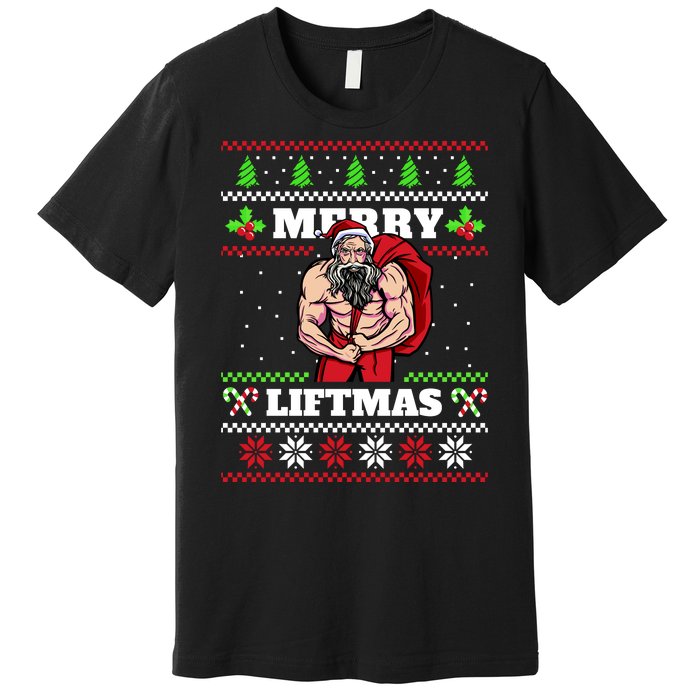 Merry Liftmas Funny Lifting Weights Jacked Santa Claus Ugly Christmas Premium T-Shirt