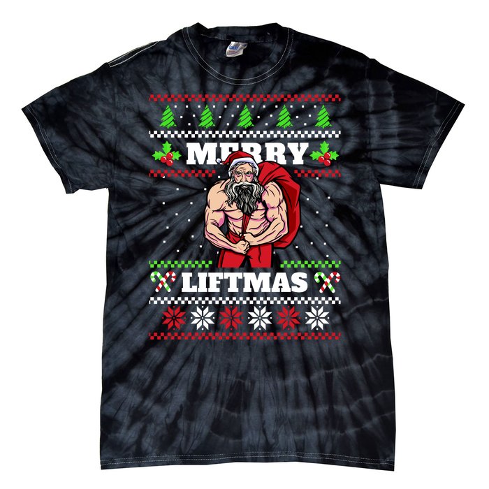 Merry Liftmas Funny Lifting Weights Jacked Santa Claus Ugly Christmas Tie-Dye T-Shirt