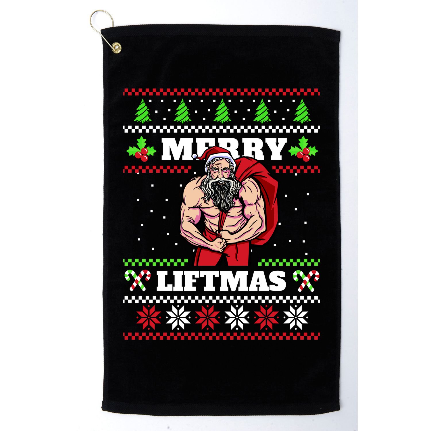 Merry Liftmas Funny Lifting Weights Jacked Santa Claus Ugly Christmas Golf Towel