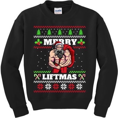 Merry Liftmas Funny Lifting Weights Jacked Santa Claus Ugly Christmas Kids Sweatshirt