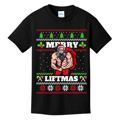 Merry Liftmas Funny Lifting Weights Jacked Santa Claus Ugly Christmas Kids T-Shirt