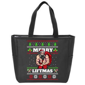 Merry Liftmas Funny Lifting Weights Jacked Santa Claus Ugly Christmas Zip Tote Bag