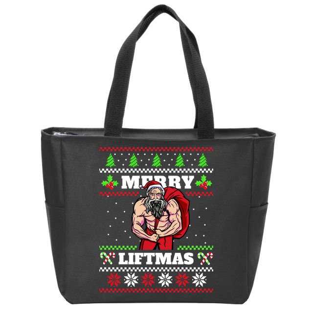 Merry Liftmas Funny Lifting Weights Jacked Santa Claus Ugly Christmas Zip Tote Bag