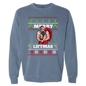 Merry Liftmas Funny Lifting Weights Jacked Santa Claus Ugly Christmas Garment-Dyed Sweatshirt