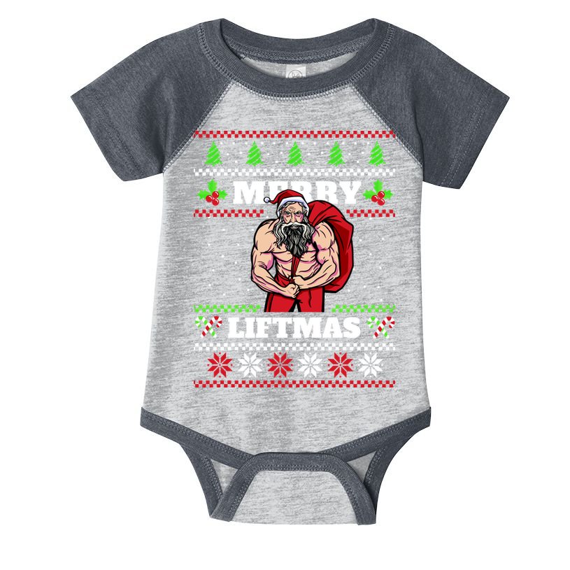 Merry Liftmas Funny Lifting Weights Jacked Santa Claus Ugly Christmas Infant Baby Jersey Bodysuit