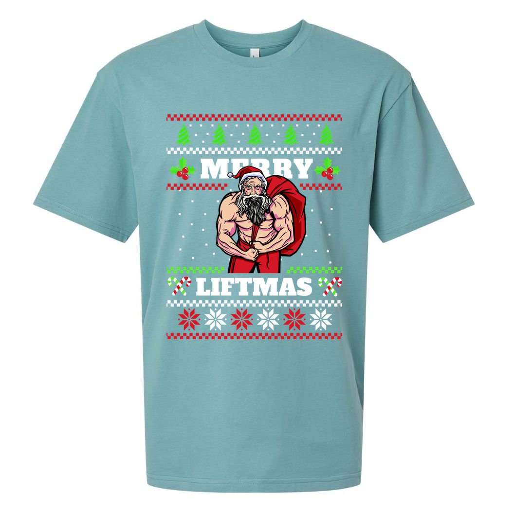 Merry Liftmas Funny Lifting Weights Jacked Santa Claus Ugly Christmas Sueded Cloud Jersey T-Shirt