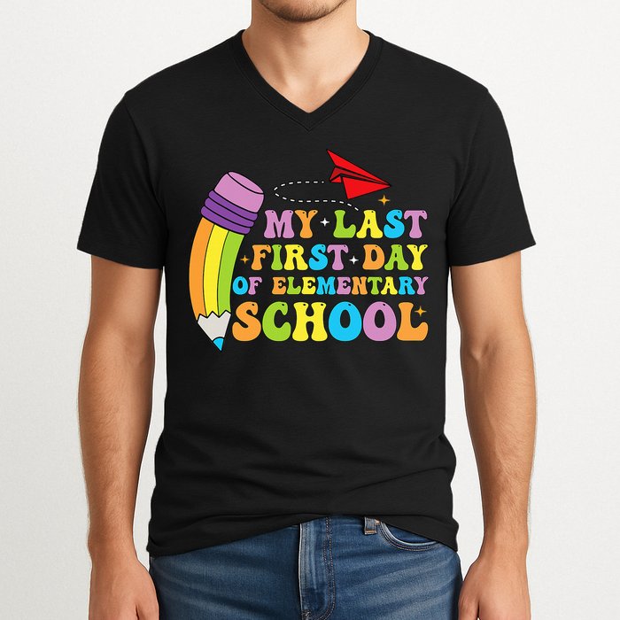 My Last First Day Of Elementary School Back To School V-Neck T-Shirt