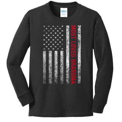 Most Loved Grandma Grandmother Vintage American Flag USA Kids Long Sleeve Shirt