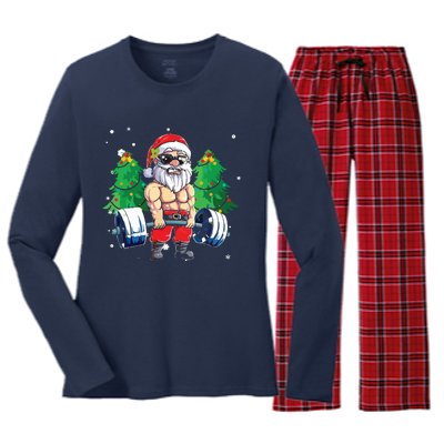 Merry Liftmas Gym Workout Santa Xmas Tree Ugly Christmas Women's Long Sleeve Flannel Pajama Set 