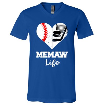 Memaw Life Heart Funny Baseball Hockey Memaw Gift V-Neck T-Shirt