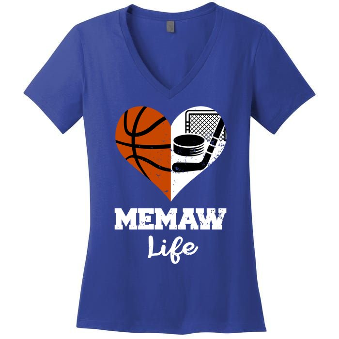 Memaw Life Heart Funny Basketball Hockey Memaw Gift Women's V-Neck T-Shirt