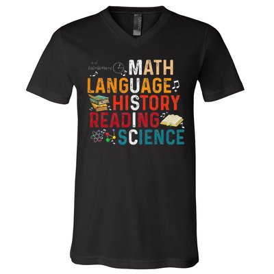 Math Language History Reading Science Music Teacher Funny V-Neck T-Shirt