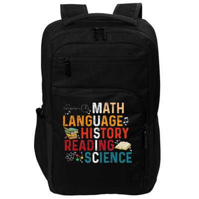 Math Language History Reading Science Music Teacher Funny Impact Tech Backpack
