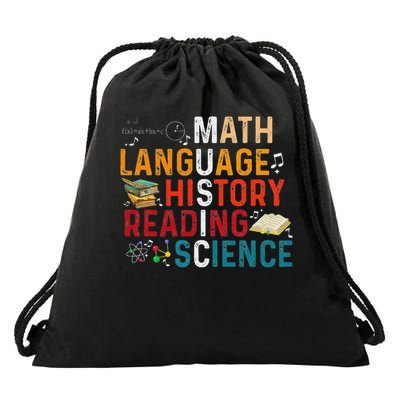Math Language History Reading Science Music Teacher Funny Drawstring Bag