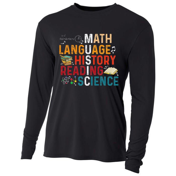 Math Language History Reading Science Music Teacher Funny Cooling Performance Long Sleeve Crew