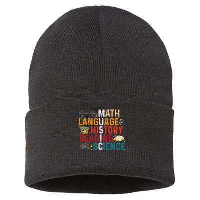 Math Language History Reading Science Music Teacher Funny Sustainable Knit Beanie