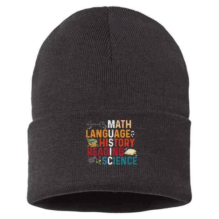 Math Language History Reading Science Music Teacher Funny Sustainable Knit Beanie