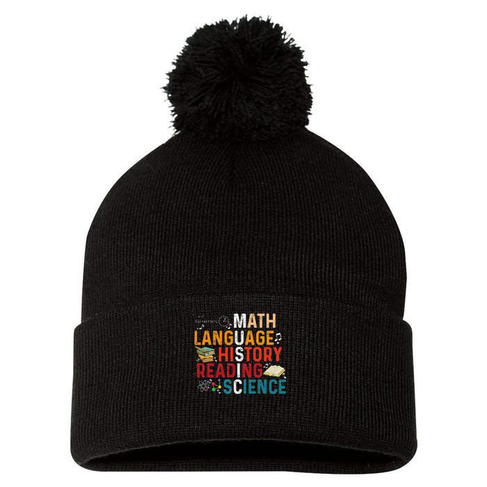 Math Language History Reading Science Music Teacher Funny Pom Pom 12in Knit Beanie