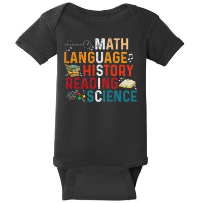 Math Language History Reading Science Music Teacher Funny Baby Bodysuit