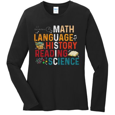 Math Language History Reading Science Music Teacher Funny Ladies Long Sleeve Shirt