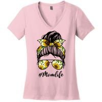 Mom Life Hair Bun Sunflower Cute Gift Women's V-Neck T-Shirt