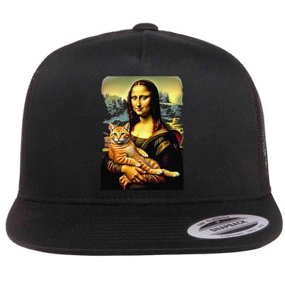 Mona Lisa Hugging Cat Flat Bill Trucker Hat