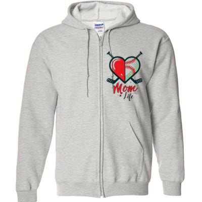 Mom Life Heart Funny Baseball Hockey Mom Mothers Day Full Zip Hoodie