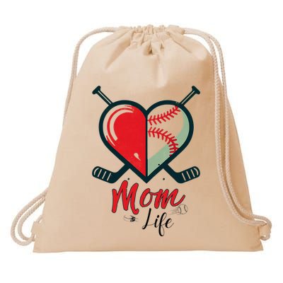 Mom Life Heart Funny Baseball Hockey Mom Mothers Day Drawstring Bag