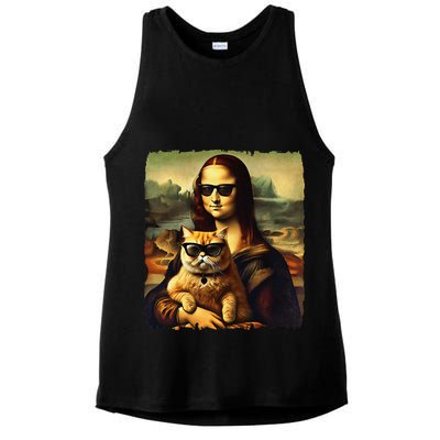 Mona Lisa Holding Cat Wearing Sunglass Kitty For Cats Lover Ladies PosiCharge Tri-Blend Wicking Tank
